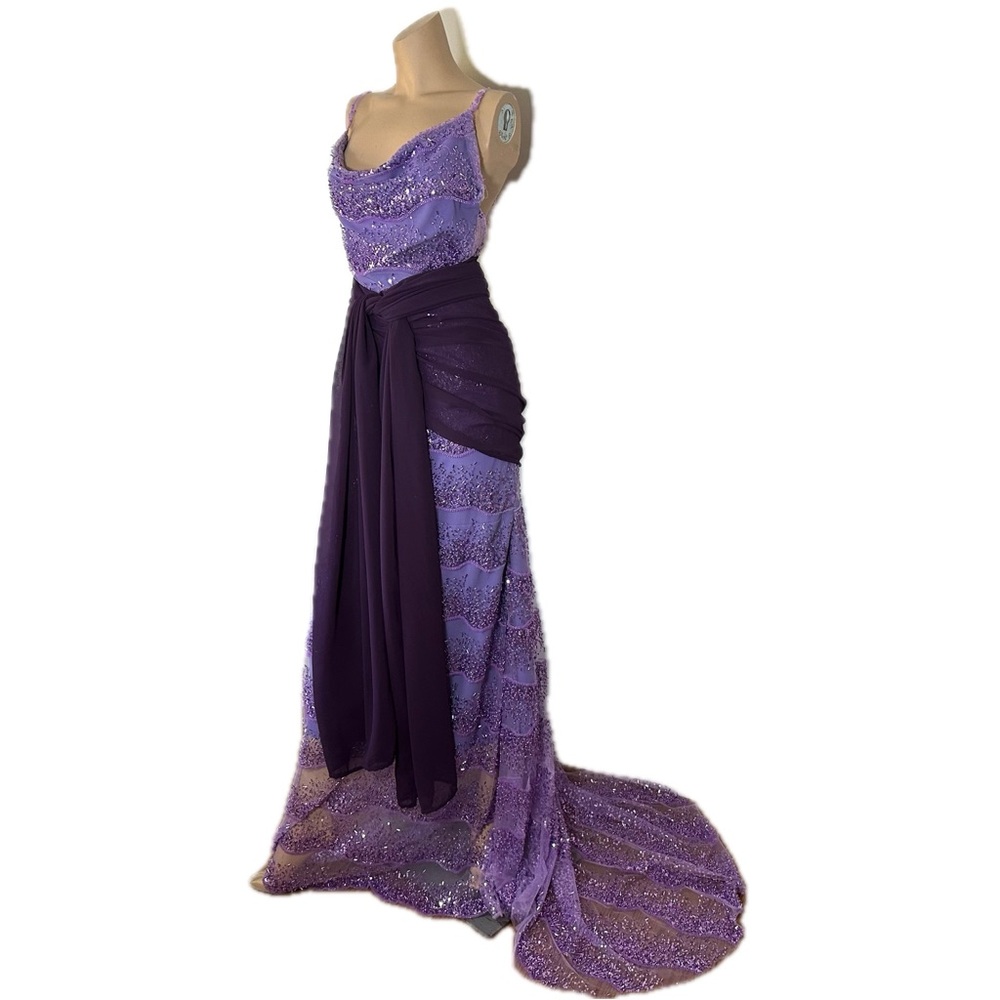 Romantic Lace Sequin Beaded Purple Wedding Guest Maxi Dress Sash Sweep Train 8